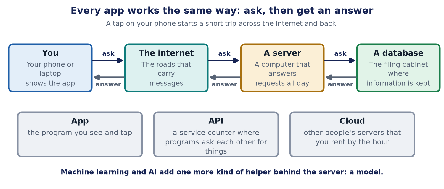 Four boxes in a row: you, the internet, a server and a database. Arrows labelled ask go to the right, and arrows labelled answer come back to the left. Below, three boxes explain the words app, API and cloud.