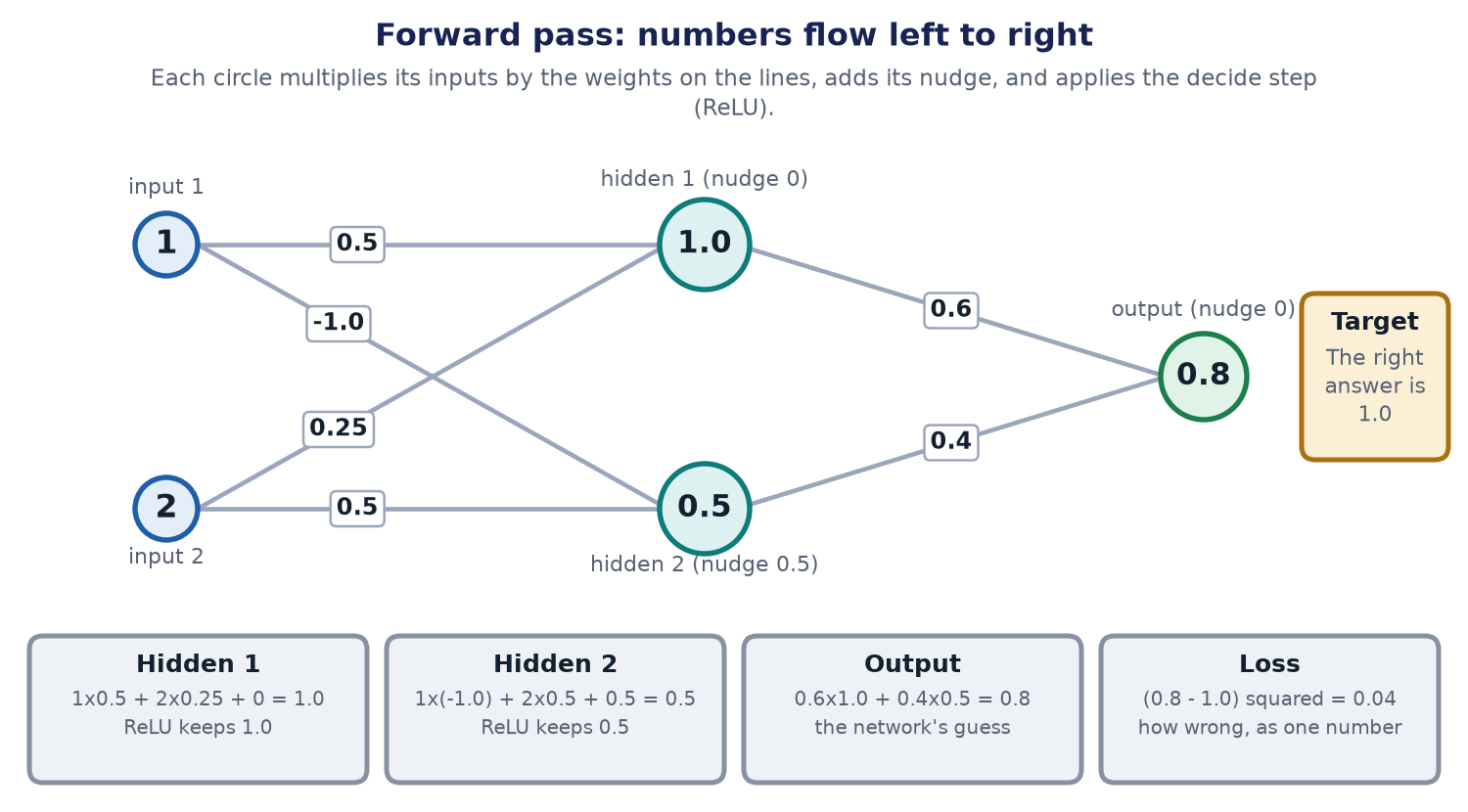 The tiny network with its weights on the lines. Hidden 1 works out to 1.0, hidden 2 to 0.5, and the output to 0.8. The target is 1.0, and the loss is 0.04.